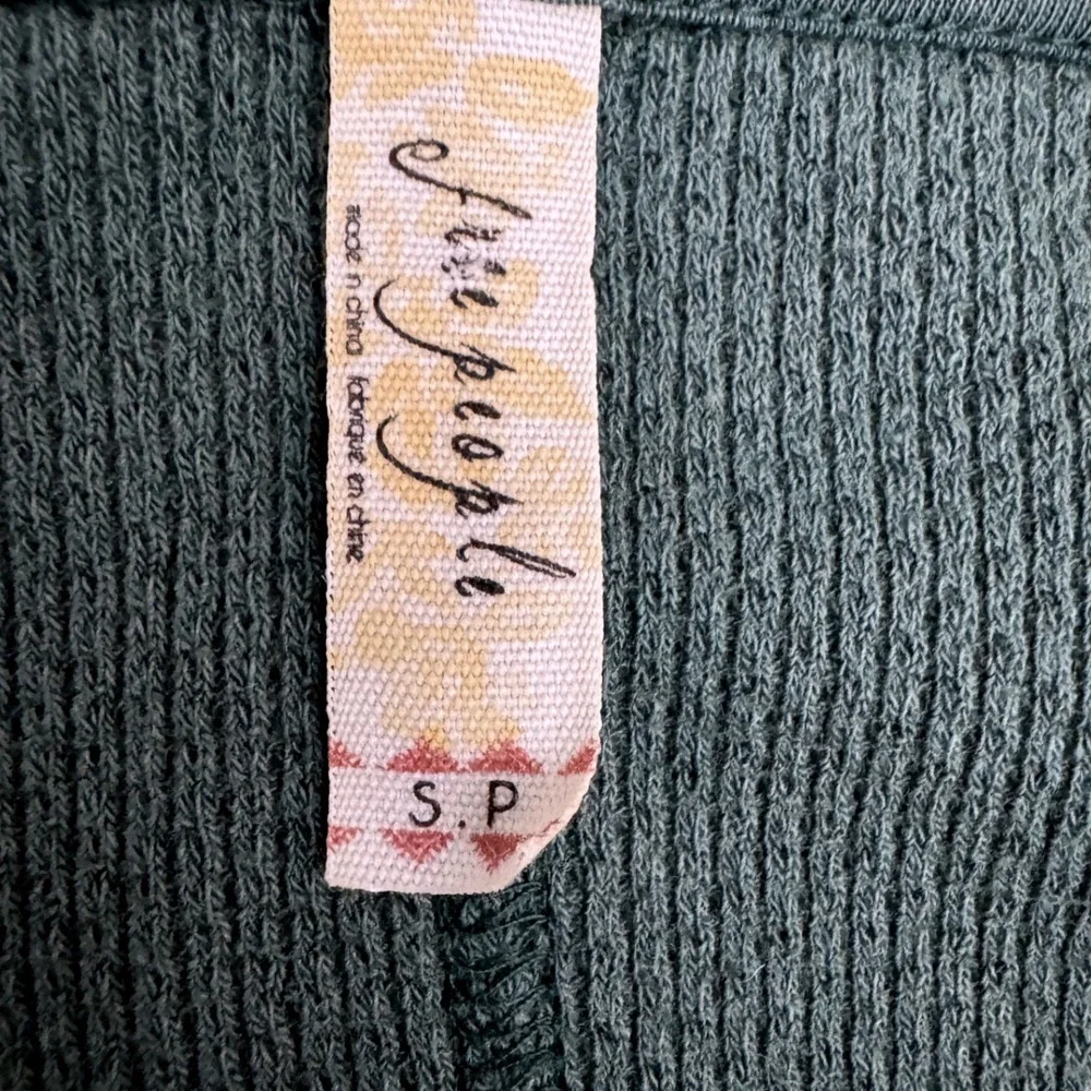 Free People SP Small Petite Thermal Knit Top Green Embroidered Long Sleeve Boho